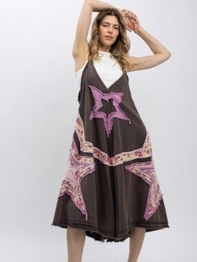 Blue Velvet Brown Wide-Leg Star-Appliqué Overall Dress. NWT Size Medium